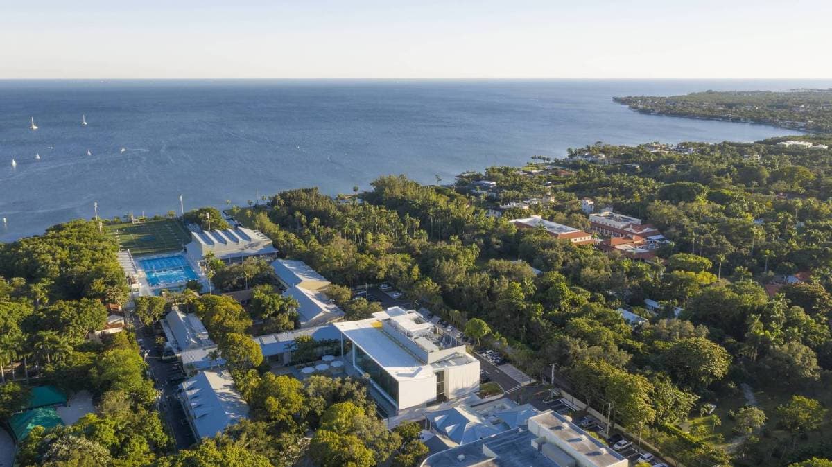 Aerial view of the Ransom Everglades School campus on Biscayne Bay